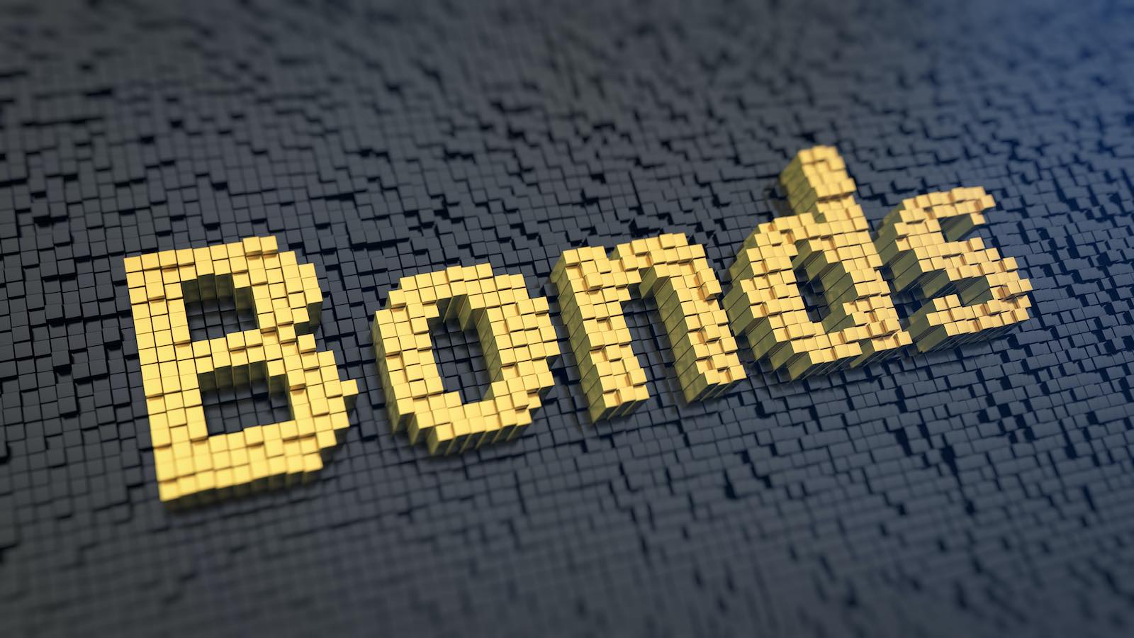 Word 'Bonds' of the yellow square pixels on a black matrix background. Trade market concept.